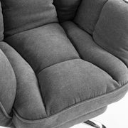 Close-up of the dark grey padded seat cushion and armrest