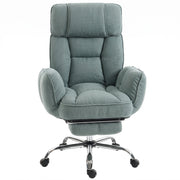 Light green faux linen executive office chair with flip-up armrests on a chrome base, front view on white