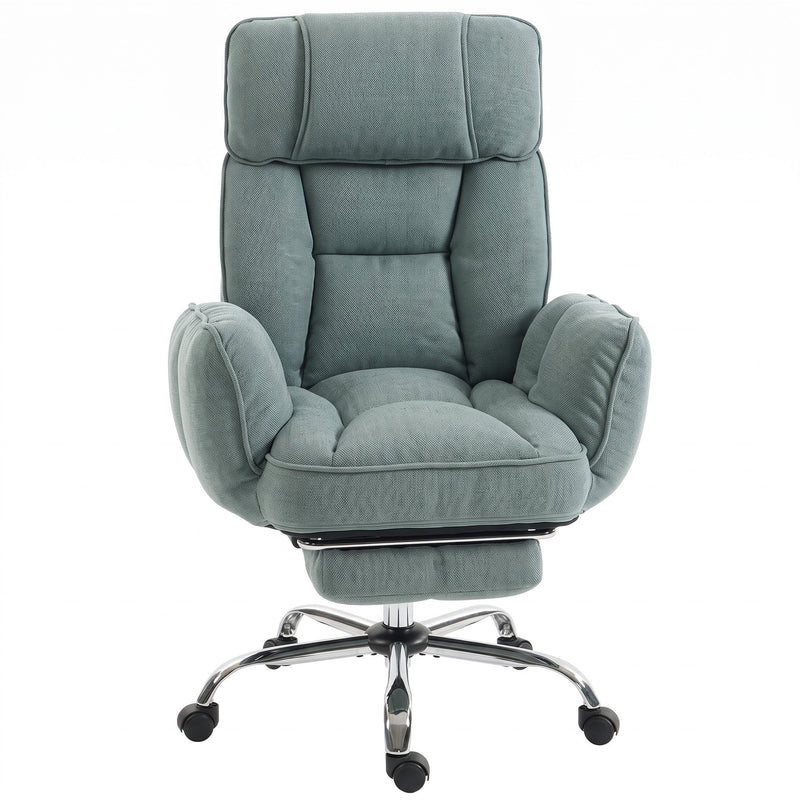 Light green faux linen executive office chair with flip-up armrests on a chrome base, front view on white