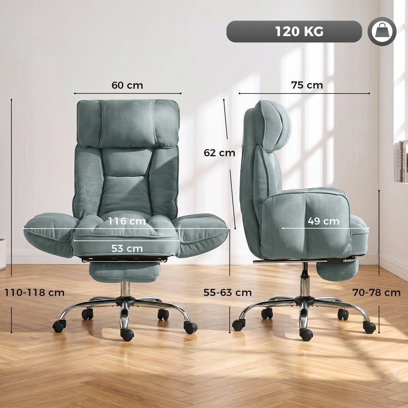 Dimensions diagram of the light green executive office chair showing width, depth, height and 120 kg capacity