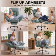 Four scenes of people sitting on the light green chair with the flip-up armrests folded flat