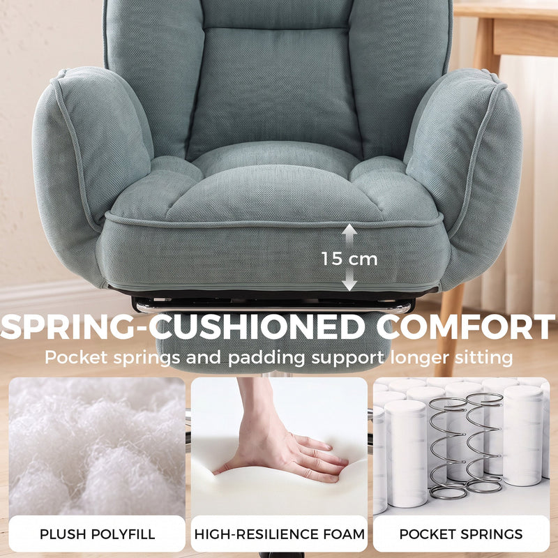 Light green chair seat with a 15 cm cushion and a panel showing foam, padding and pocket springs