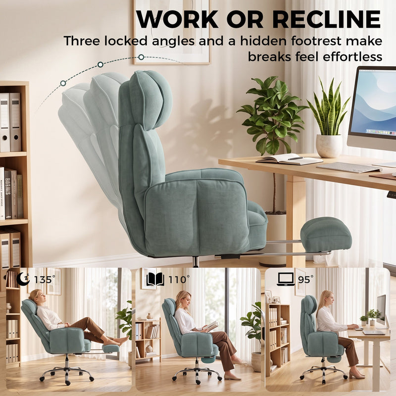 Light green chair shown reclined with the footrest out and at its 95, 110 and 135 degree angles