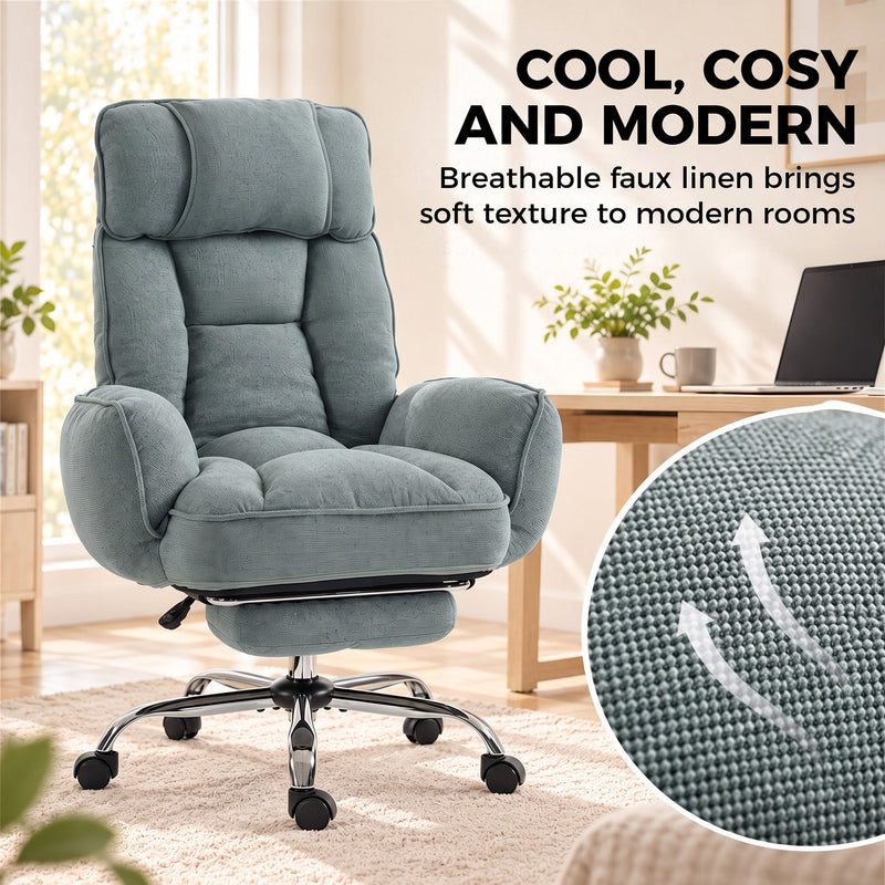 Light green chair with a close-up circle showing the breathable faux linen weave