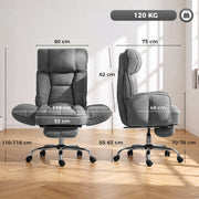 Dimensions diagram of the dark grey executive office chair showing width, depth, height and 120 kg capacity