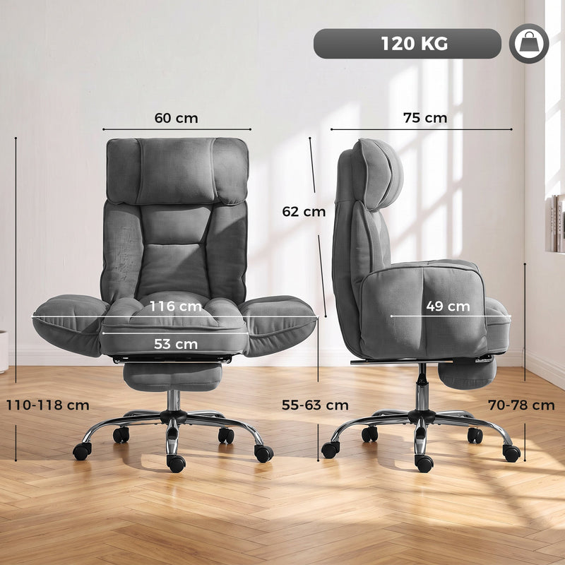 Dimensions diagram of the dark grey executive office chair showing width, depth, height and 120 kg capacity