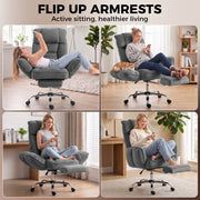 Four scenes of people sitting on the dark grey chair with the flip-up armrests folded flat