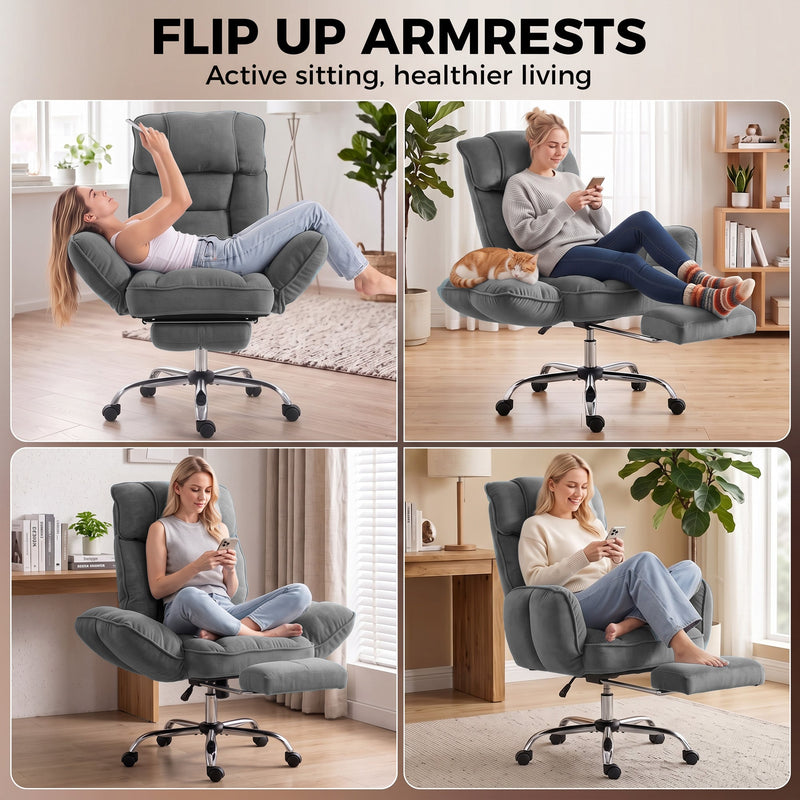 Four scenes of people sitting on the dark grey chair with the flip-up armrests folded flat