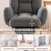 Dark grey chair seat with a 15 cm cushion and a panel showing foam, padding and pocket springs
