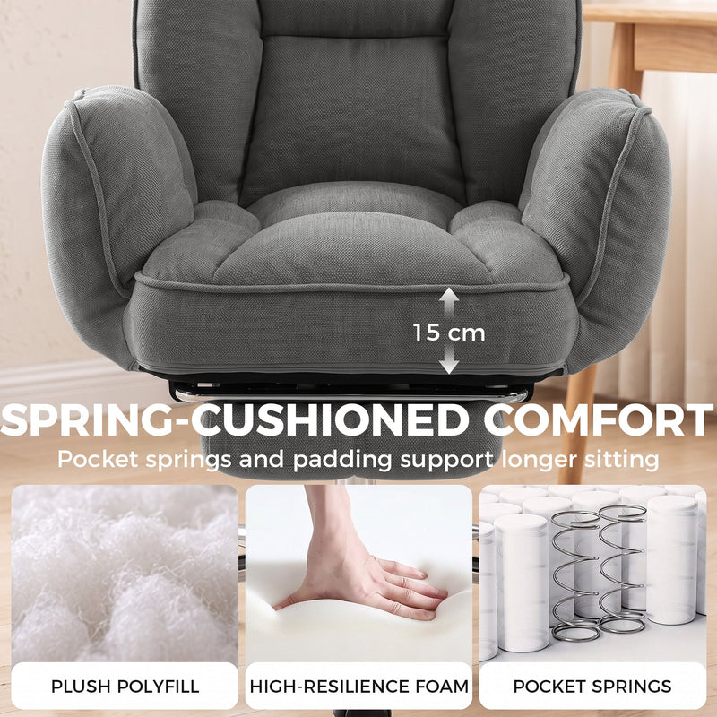 Dark grey chair seat with a 15 cm cushion and a panel showing foam, padding and pocket springs