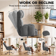 Dark grey chair shown reclined with the footrest out and at its 95, 110 and 135 degree angles