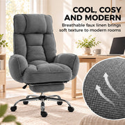 Dark grey chair with a close-up circle showing the breathable faux linen weave