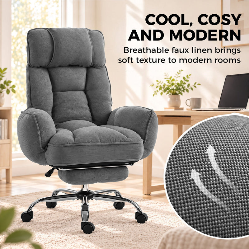 Dark grey chair with a close-up circle showing the breathable faux linen weave