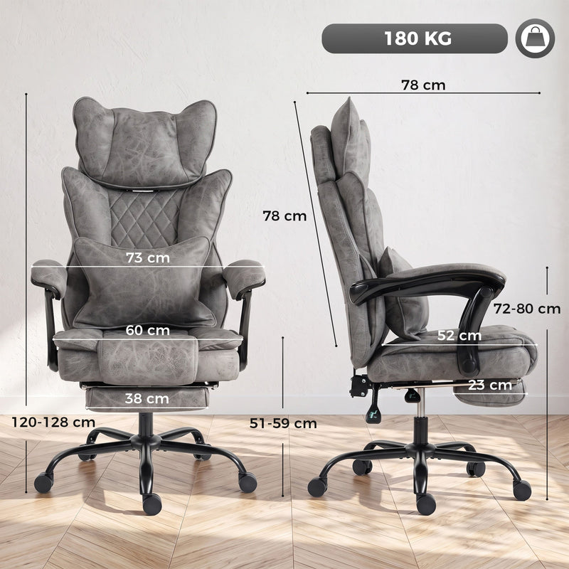 Dimension diagram of the grey executive chair showing 73W x 78D x 120-128H cm and seat height