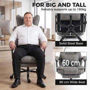 Big and tall feature panel showing the grey chair's solid steel base and 60 cm wide seat