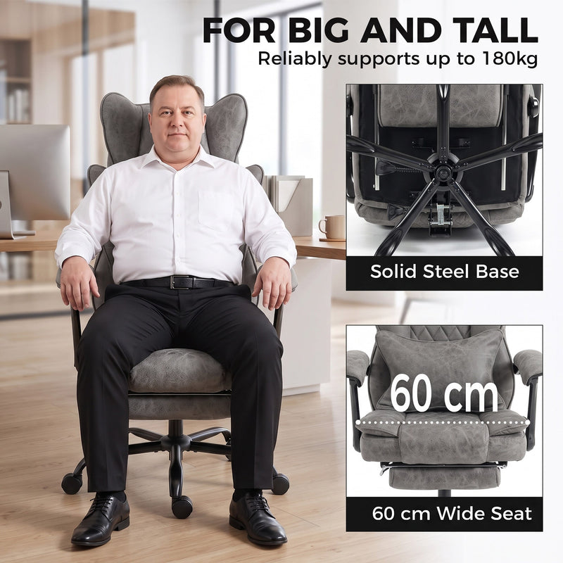 Big and tall feature panel showing the grey chair's solid steel base and 60 cm wide seat
