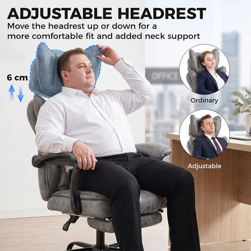 Close-up of the adjustable 6 cm headrest on the grey executive chair