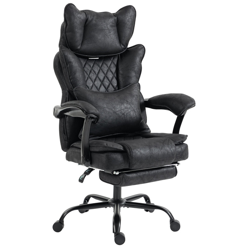 Black leathaire executive office chair with headrest, lumbar pillow and footrest extended