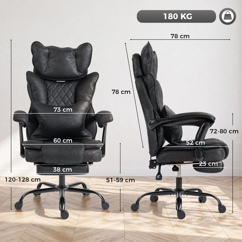 Dimension diagram of the black executive chair showing 73W x 78D x 120-128H cm and seat height