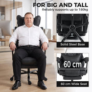 Big and tall feature panel showing the chair's solid steel base and 60 cm wide seat