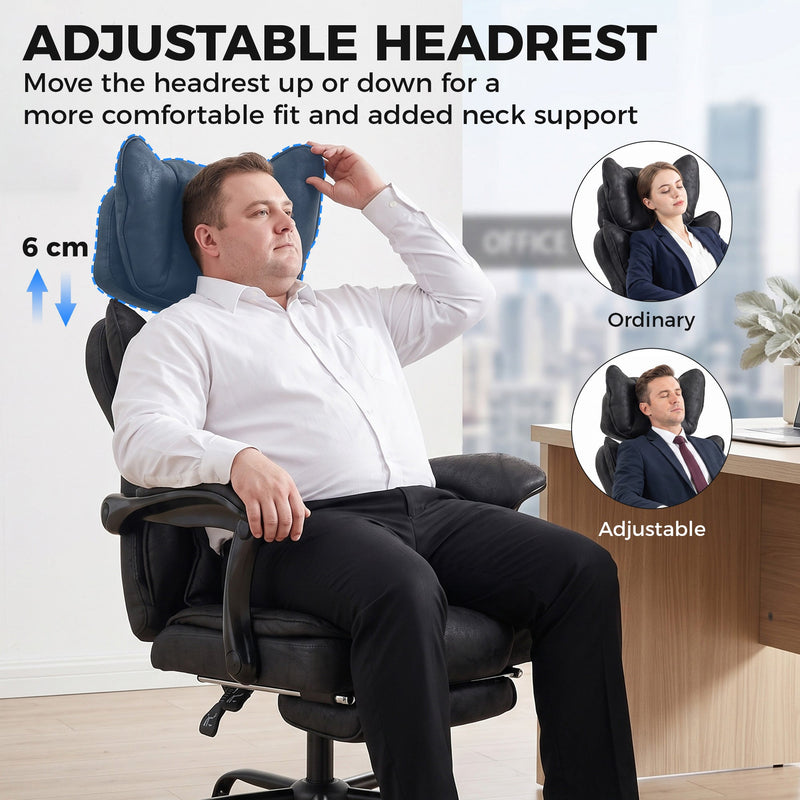 Close-up of the adjustable 6 cm headrest on the black executive chair