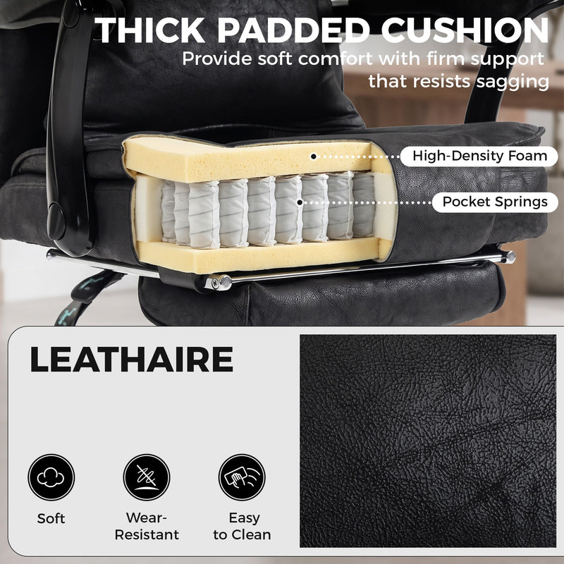 Cutaway of the seat cushion showing high-density foam and pocket springs under leathaire upholstery