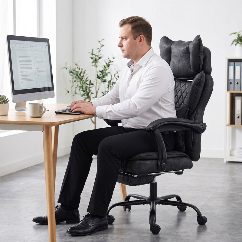 Black leathaire executive office chair shown from a side angle