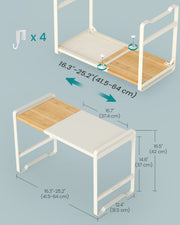 Dimension diagram: width adjusts from 41.5 to 64 cm, 42 cm overall height, 37 cm clearance, 31.5 cm base depth, 4 hooks