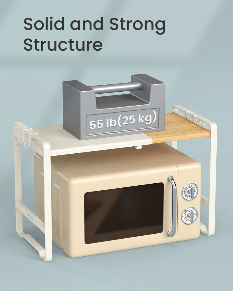 Illustration of a 25 kg weight resting on the shelf top while a cream microwave sits underneath