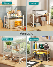 Four settings for the shelf: kitchen worktop, study desk with a printer, living room windowsill and workshop bench