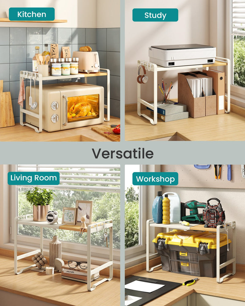Four settings for the shelf: kitchen worktop, study desk with a printer, living room windowsill and workshop bench