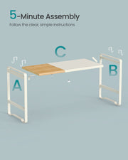 Exploded assembly diagram labelling side frames A and B, shelf panel C, plus the four hooks and fixings