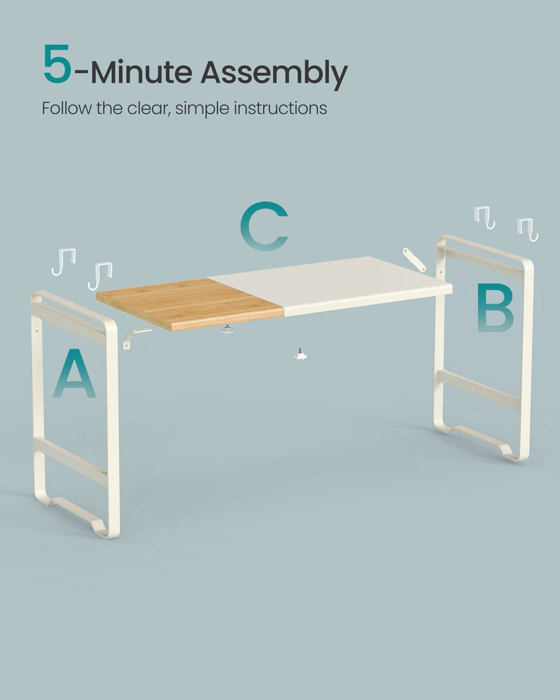 Exploded assembly diagram labelling side frames A and B, shelf panel C, plus the four hooks and fixings