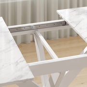 Close-up of the steel extension rail and white tabletop edge
