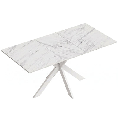 White marble effect extendable dining table with white steel cross legs on a plain background