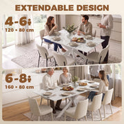 Extendable design comparison showing the table seating 4-6 at 120 cm and 6-8 at 160 cm
