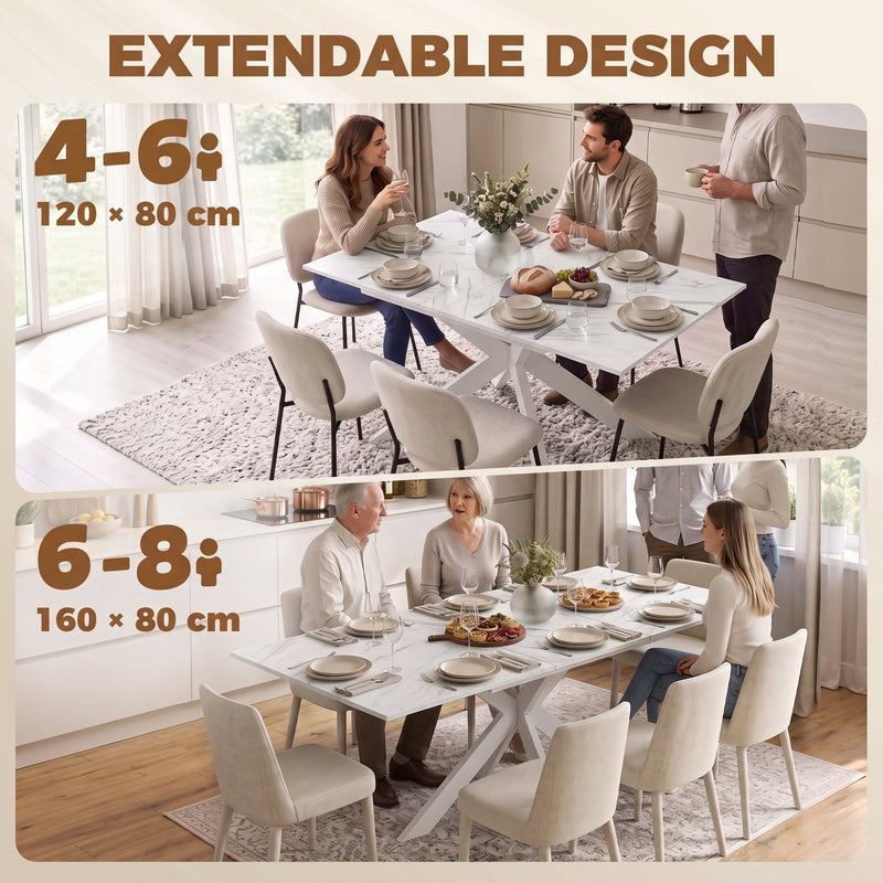 Extendable design comparison showing the table seating 4-6 at 120 cm and 6-8 at 160 cm