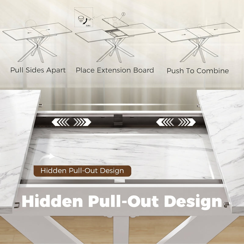 Hidden pull-out leaf shown in three steps: pull the sides apart, place the extension board, push together