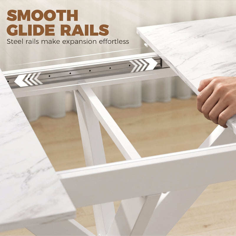 Steel glide rails with a hand pulling the tabletop open
