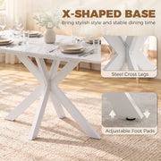 X-shaped steel cross legs and adjustable foot pads on the white table