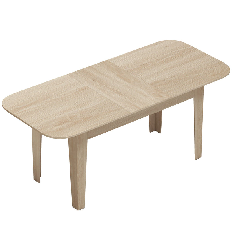 Rounded-edge extendable dining table on a plain studio background