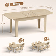 Size diagram showing 140-180 x 80 x 75 cm and seating for 6 to 8