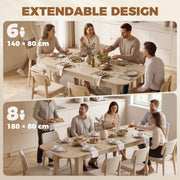 Extendable design graphic with diners around the table at 140 cm and at 180 cm