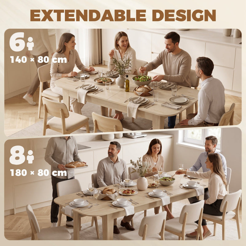 Extendable design graphic with diners around the table at 140 cm and at 180 cm