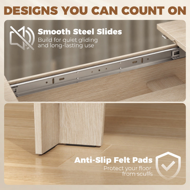 Designs you can count on panel: steel slides and felt pads that protect floors