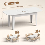 Dimensions diagram of the HOMCOM white extendable oval dining table showing 140-180 x 80 x 75cm and seating for 6 to 8