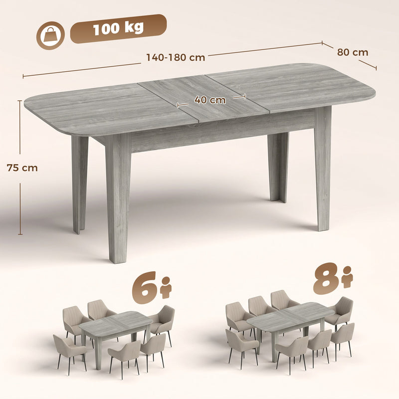 Dimensions diagram: 140-180 cm long, 80 cm deep, 75 cm high, 40 cm leaf, 100 kg capacity
