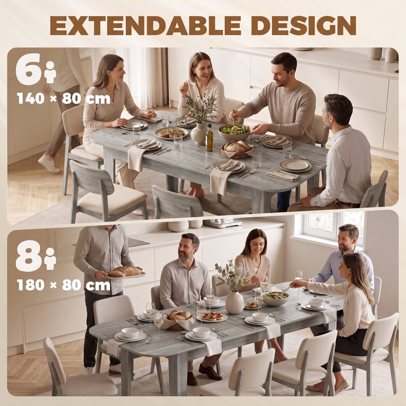 Extendable design panel showing 6 people at 140 x 80 cm and 8 people at 180 x 80 cm