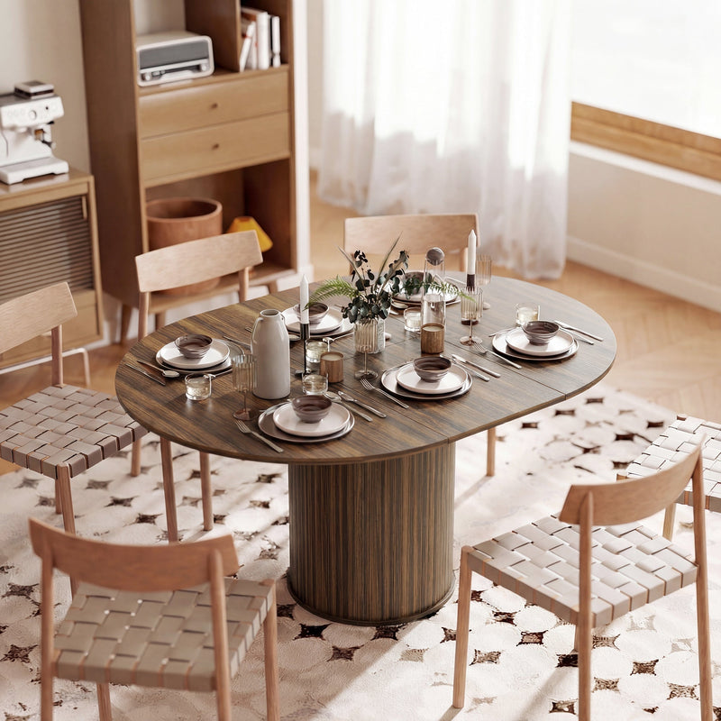 Oval walnut table set for a meal with woven-seat chairs next to a shelving unit