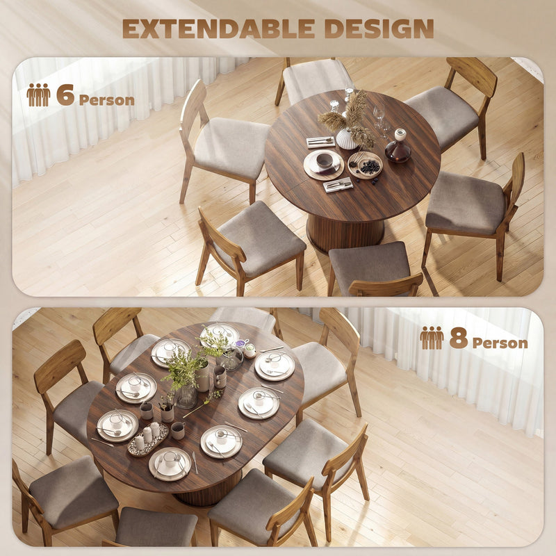 Overhead views of the table seating 6 people as a round and 8 people as an oval